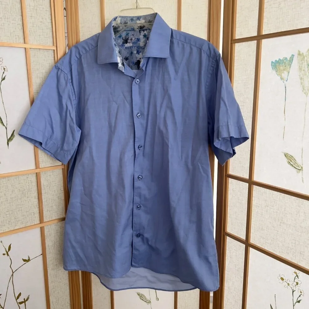 Bertigo Light Blue 100% Cotton Short Sleeve button shirt Men sz L